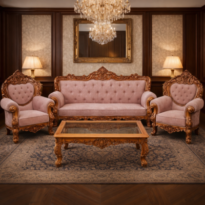 Royal Classic Teakwood Hand-Carved Sofa Set with Center Table