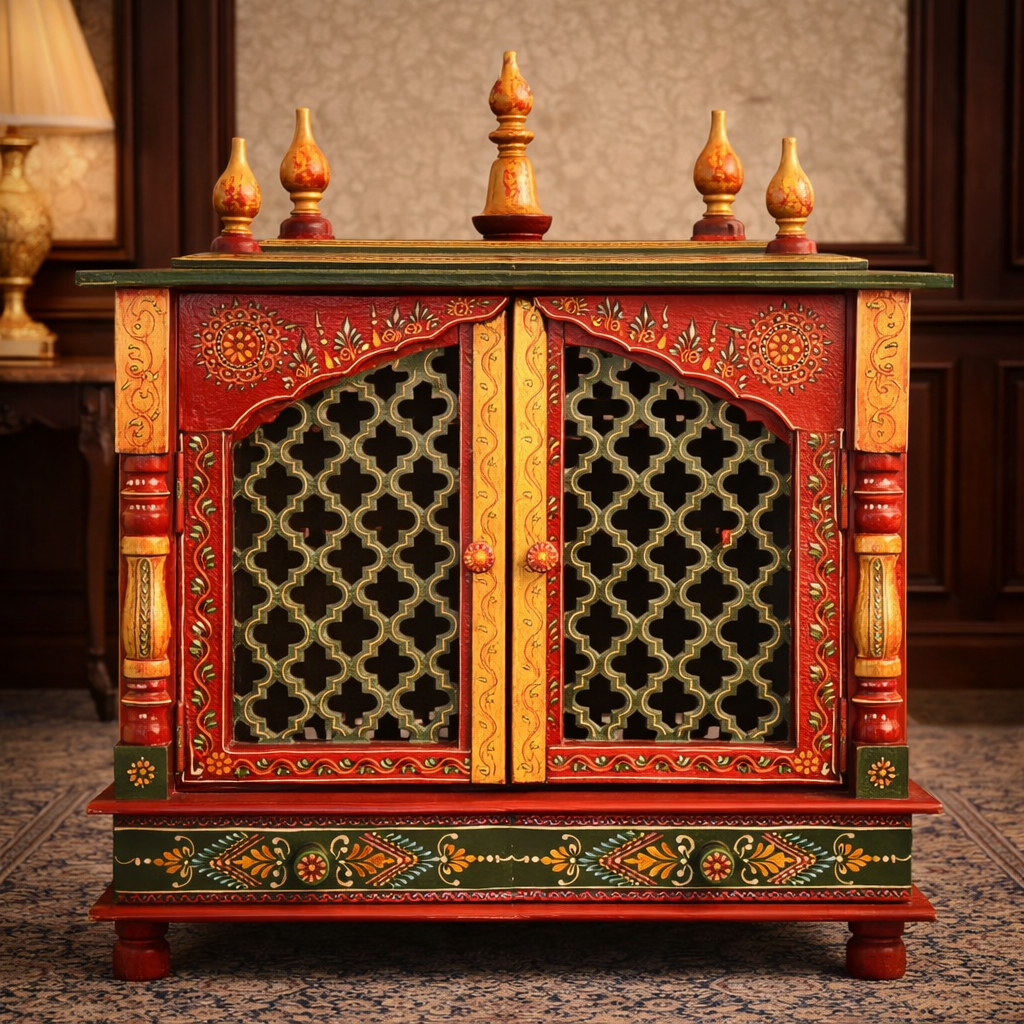 Multicolor Jaali-Door Hand-Painted Teakwood Mandir with Dual Doors and Storage