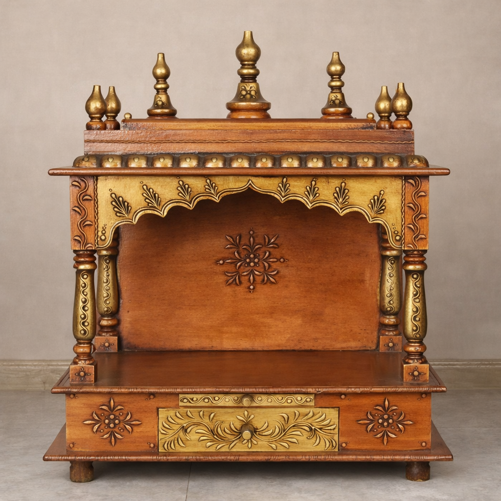 Ivory Gold Hand-Painted Teakwood Mandir with Ornamental Arch and Drawer Storage