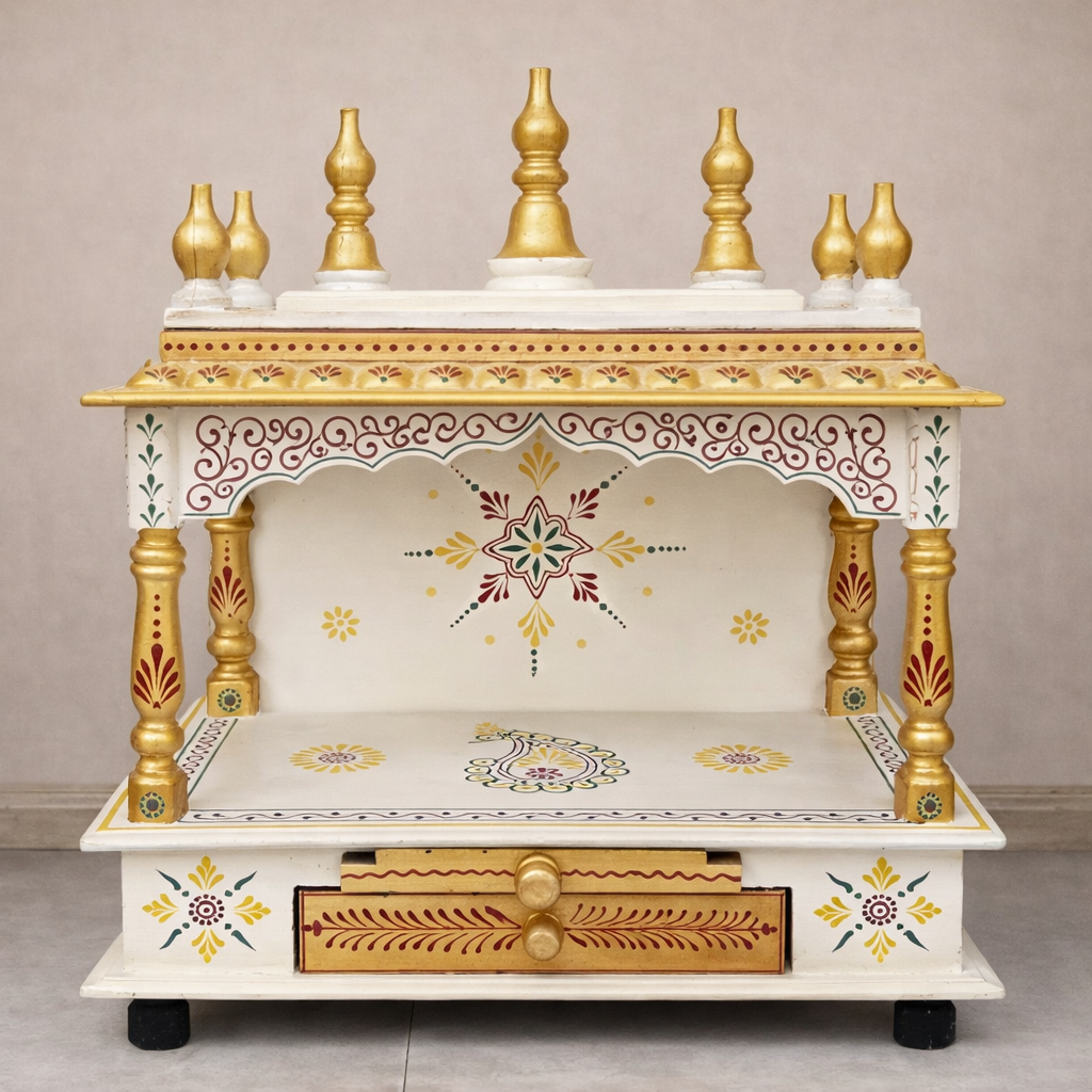 Emerald Scrollwork Hand-Painted Teakwood Mandir with Ornamental Arch and Drawer Storage