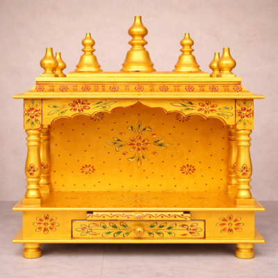 Sunrise Floral Hand-Painted Teakwood Mandir with Open Arch and Storage Drawer