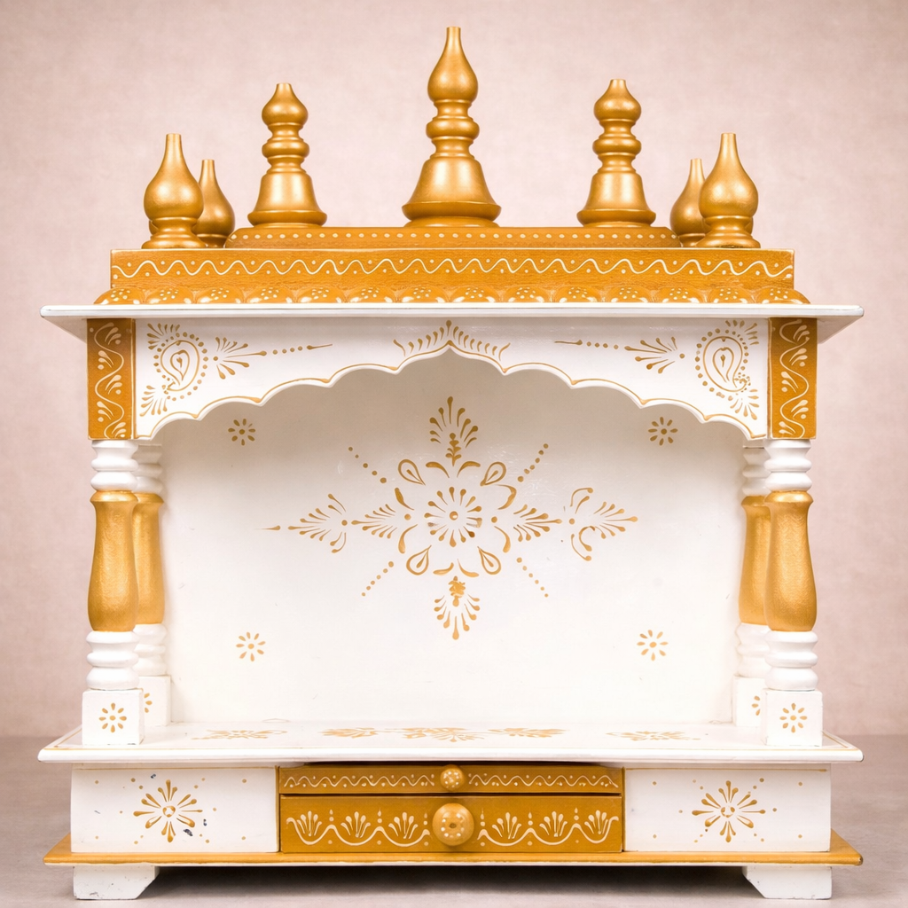 Traditional Open-Arch Hand-Painted Teakwood Mandir with Drawer Storage