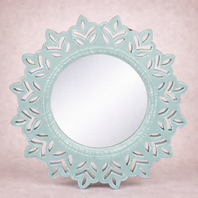 Pastel Round MDF Wall Mirror with Decorative Leaf Cutwork Frame