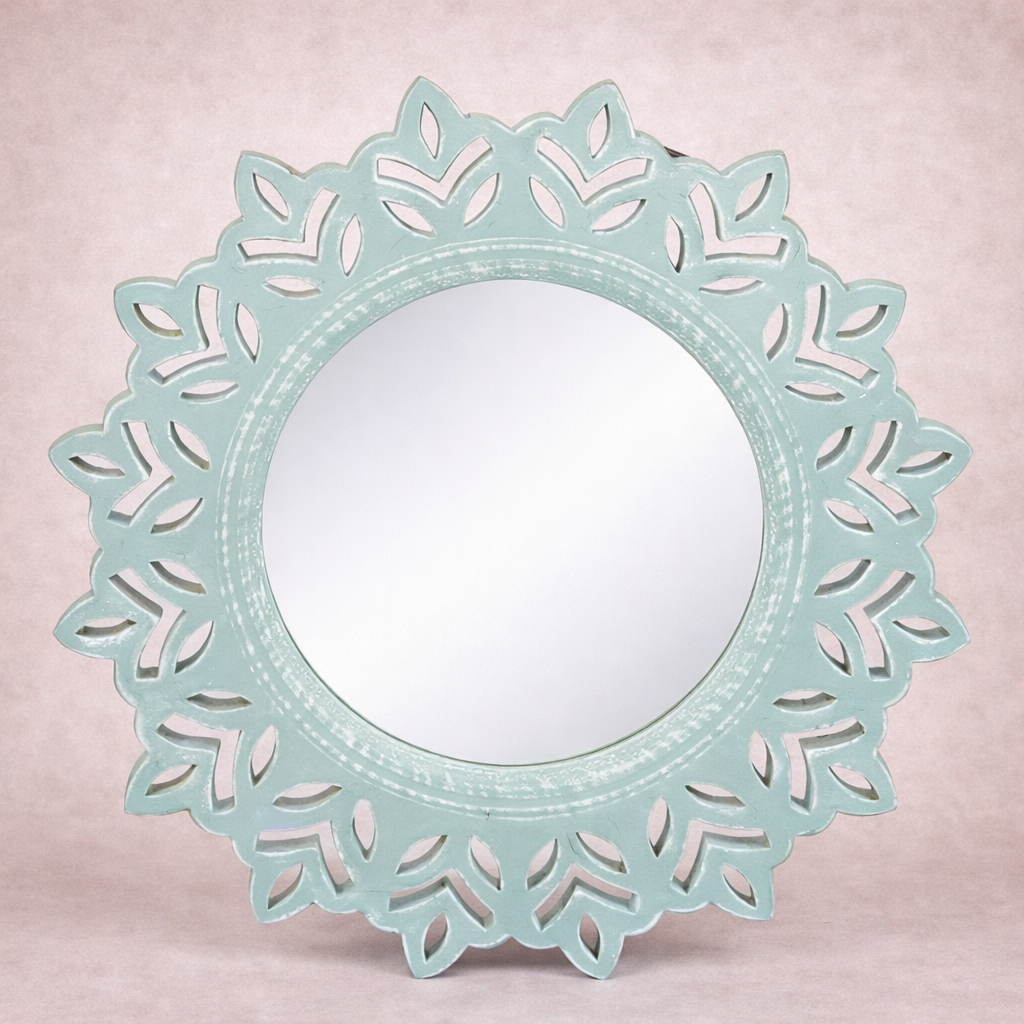 Pastel Round MDF Wall Mirror with Decorative Leaf Cutwork Frame