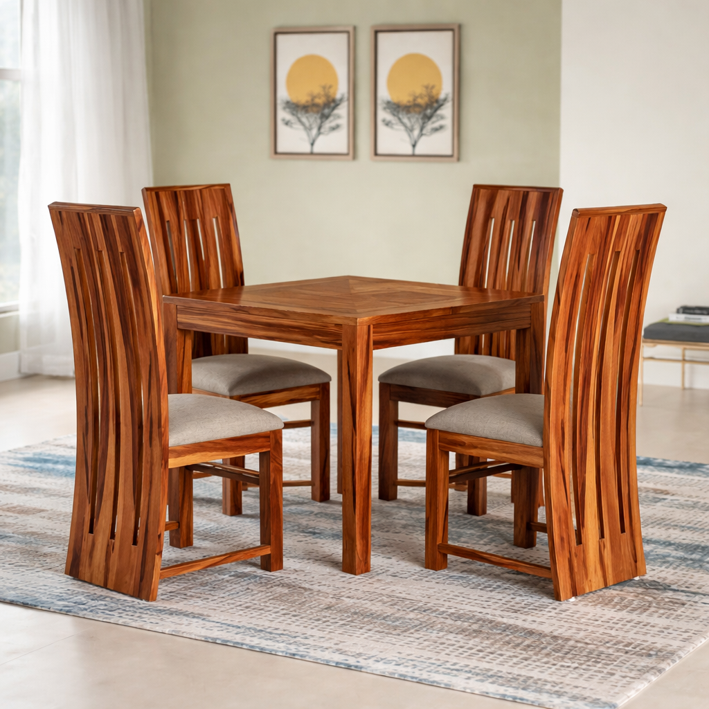 Compact Designer Wave-Back 4-Seater Dining Set in Teakwood
