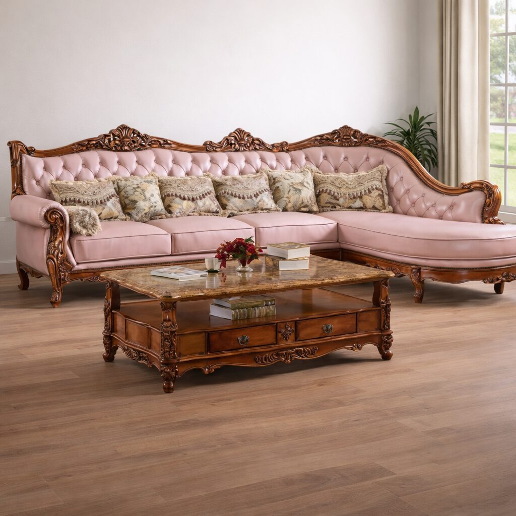 Luxury Royal L-Shape Hand-Carved Teakwood Sectional Sofa with Center Table
