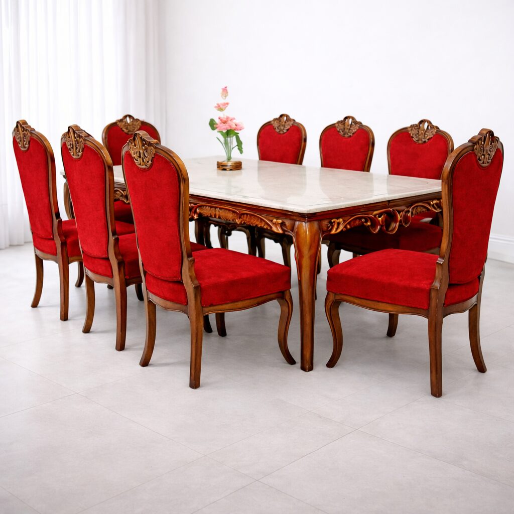 Classic Marble-Top 8-Seater Royal Dining Set in Teakwood