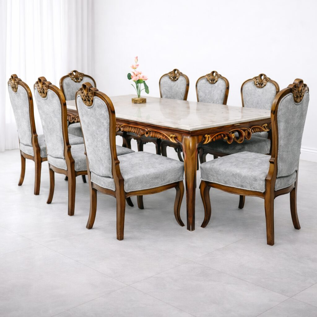 Classic Marble-Top 8-Seater Royal Dining Set in Teakwood