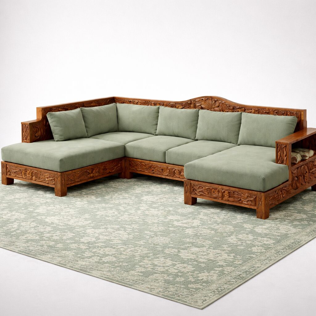 Royal Carved Solid Teakwood L-Shape Sofa