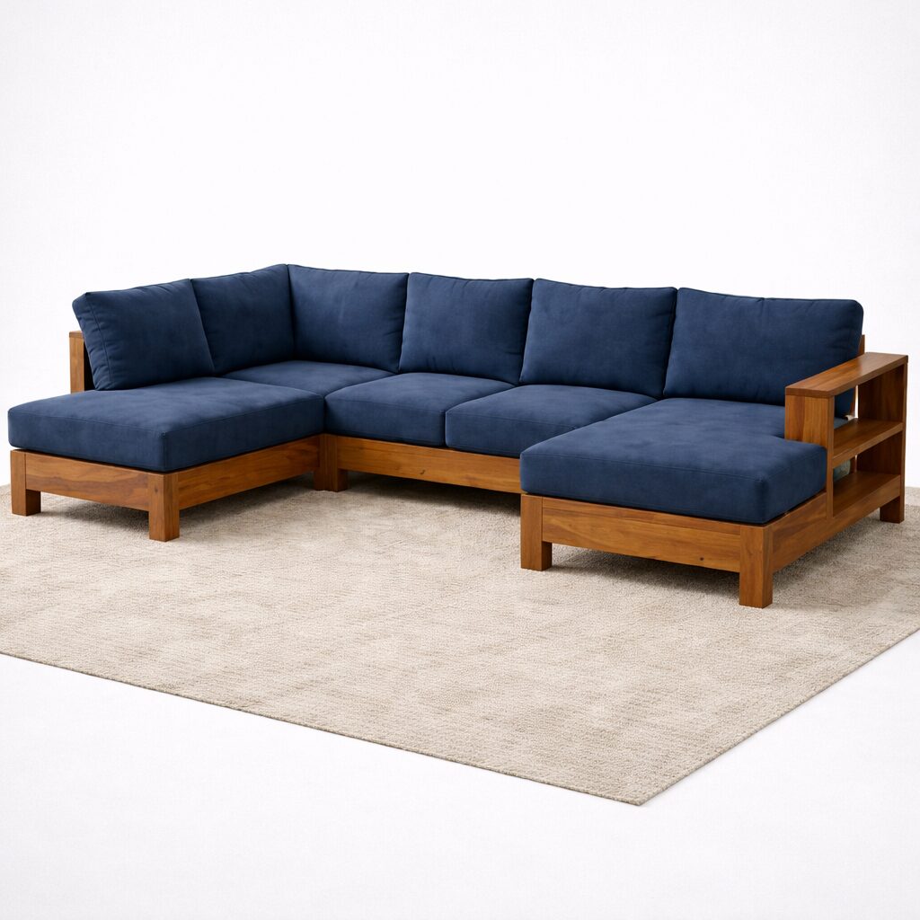 Modern Solid Teakwood L-Shape Sectional Sofa