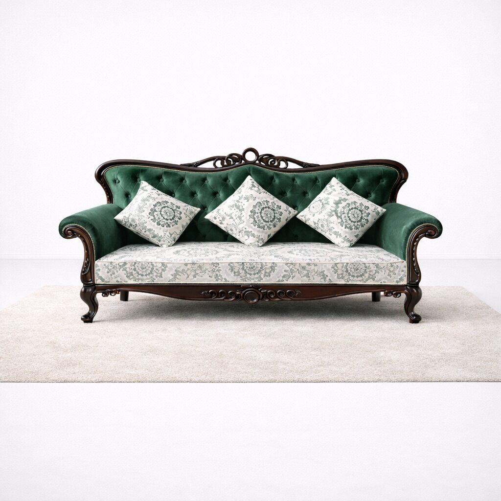 Heritage Emerald Tufted Teakwood Luxury Sofa