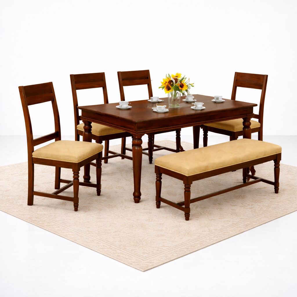 Classic 6-Seater Dining Set with Bench Seating in Teakwood