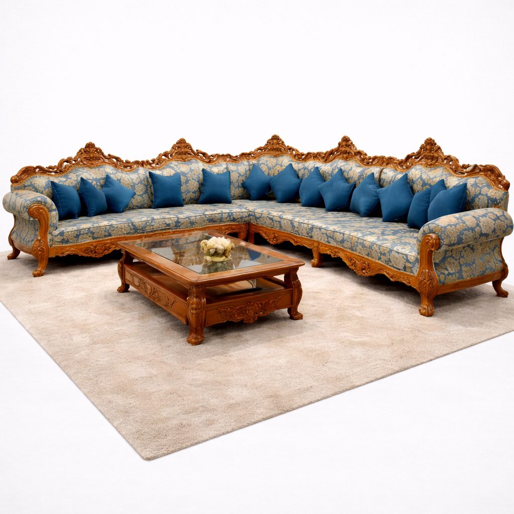 Luxury Royal 12-Seater Teakwood Hand-Carved Sofa Set with Center Table
