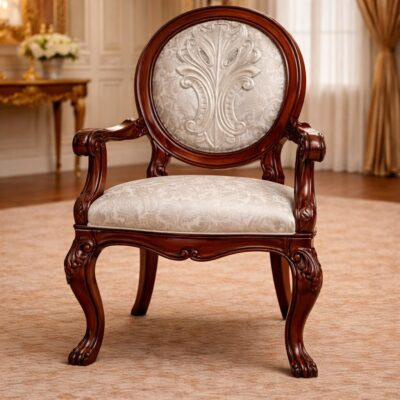 Royal Oval Back Carved Teakwood Accent Armchair