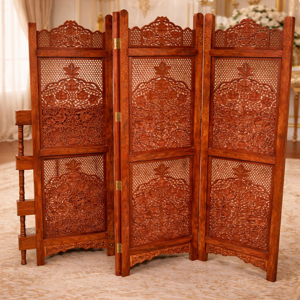 Hand-Carved Teakwood 4-Panel Folding Room Divider (Partition) with Floral Jali Detailing