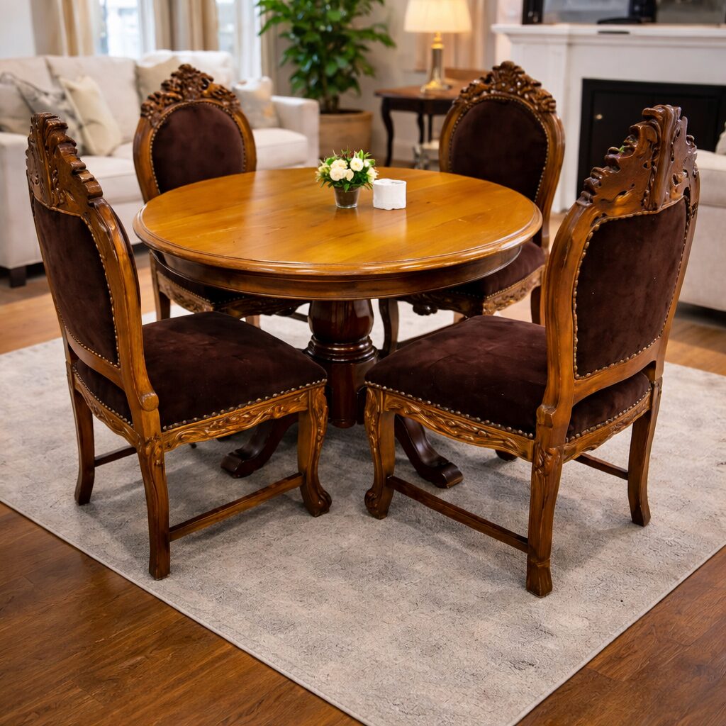 Classic Round Pedestal 4-Seater Dining Set in Teakwood