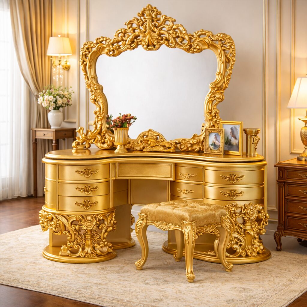 Grand Imperial Maharaja Teakwood Dressing Console with Twin Ornate Mirror Frame