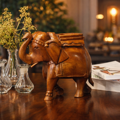 Hand-Carved Teakwood Elephant Showpiece with Decorative Saddle Detailing
