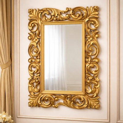 Luxury Rectangular MDF Wall Mirror with Ornate Gold Scroll Frame
