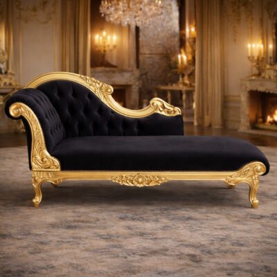 Imperial Maharaja Teakwood Chaise Lounge with Gold Carved Frame & Tufted Upholstery