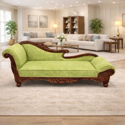 Royal Maharaja Teakwood Chaise Lounge with Hand-Carved Frame & Premium Upholstery