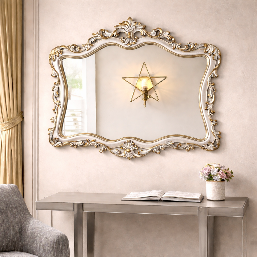 Designer MDF Wall Mirror with Ornate Curved Silver Finish Frame