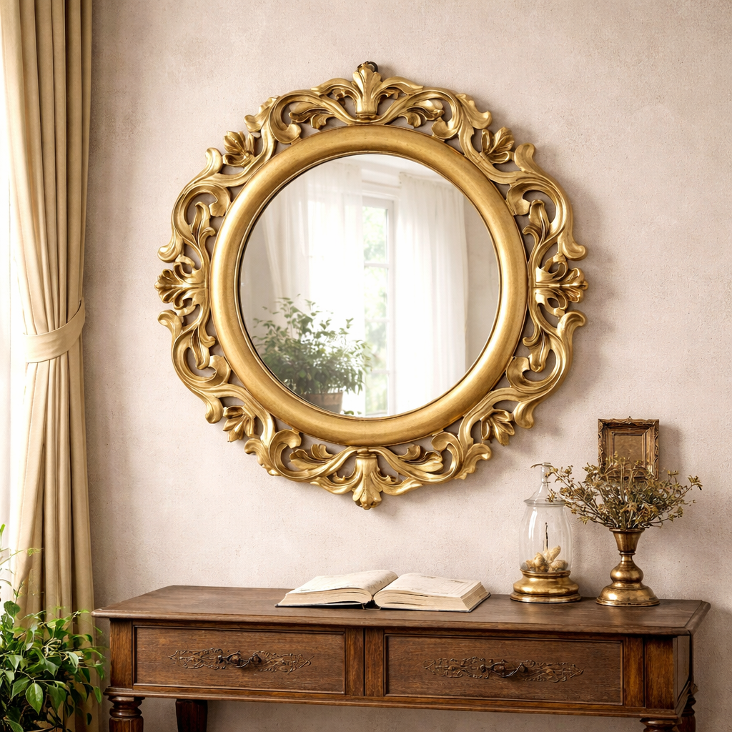 Antique Style Round MDF Wall Mirror with Ornate Ivory Gold Frame