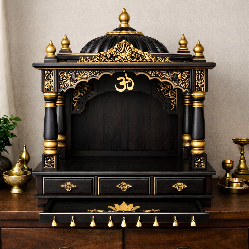 Royal Plum Dome-Top Teakwood Mandir with Ornamental Arch and Triple Drawer Base