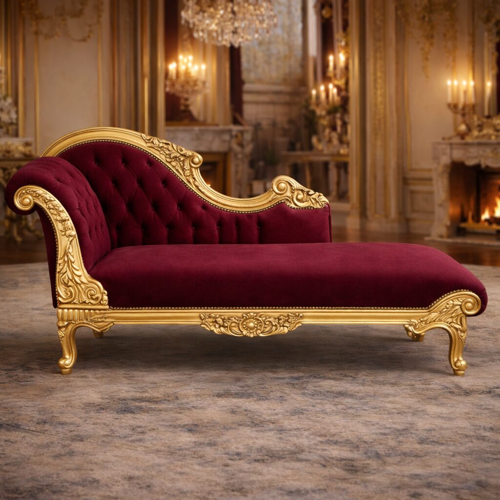 Imperial Maharaja Teakwood Chaise Lounge with Gold Carved Frame & Tufted Upholstery