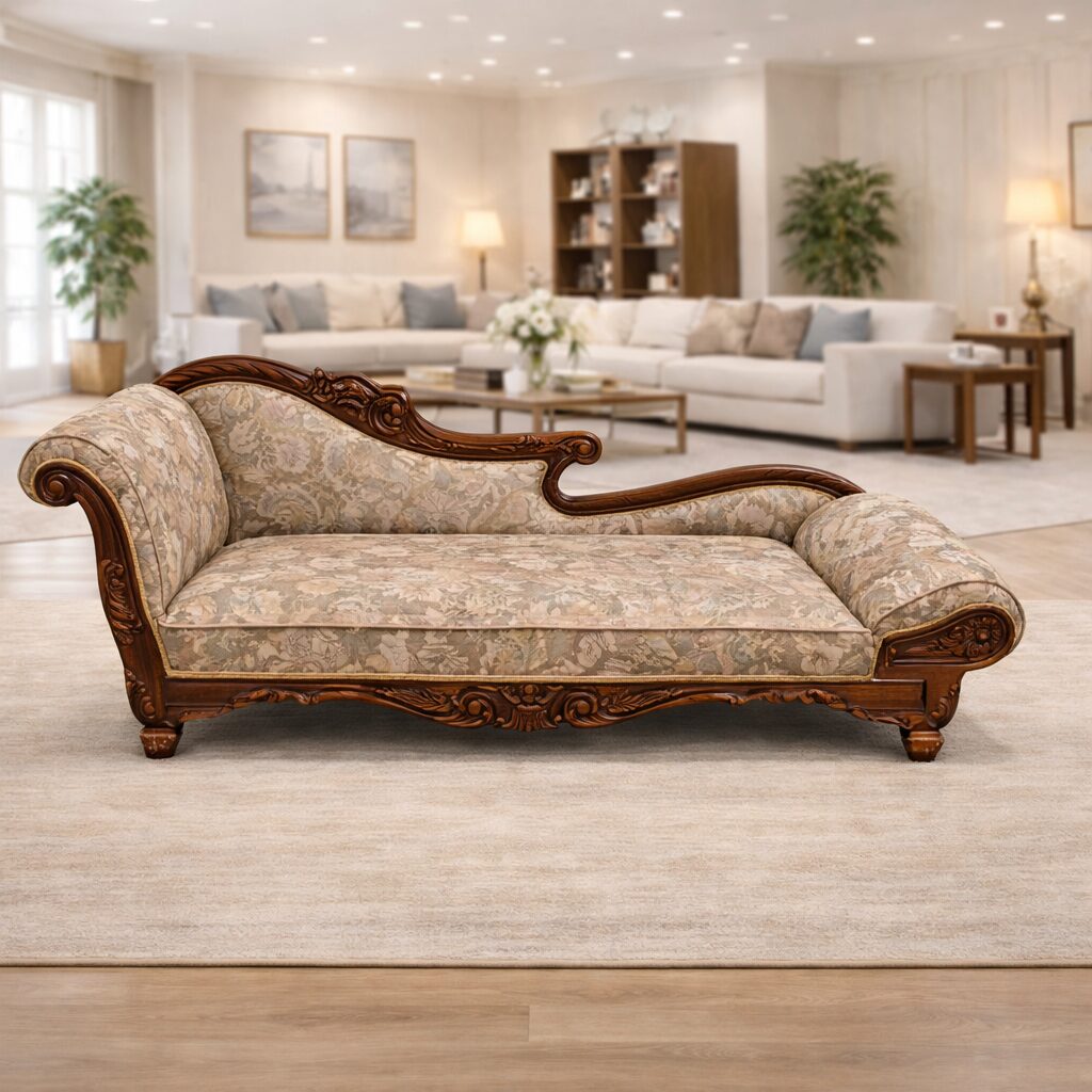 Royal Maharaja Teakwood Chaise Lounge with Hand-Carved Frame & Premium Upholstery