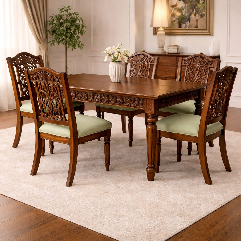 Traditional Carved 6-Seater Dining Set in Teakwood