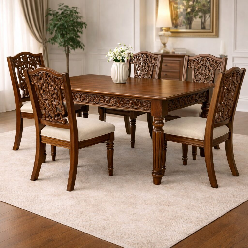 Traditional Carved 6-Seater Dining Set in Teakwood