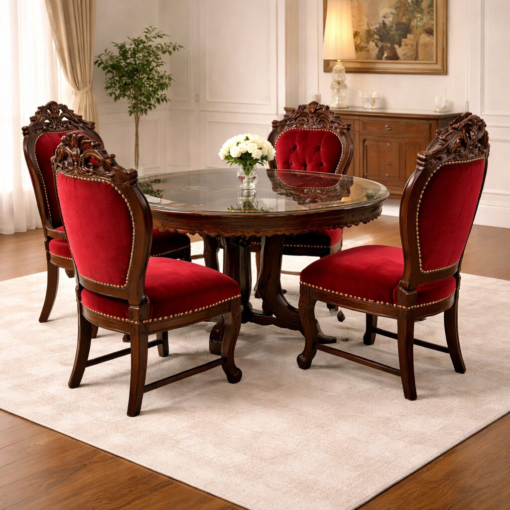 Vintage Glass-Top Oval 4-Seater Dining Set in Teakwood