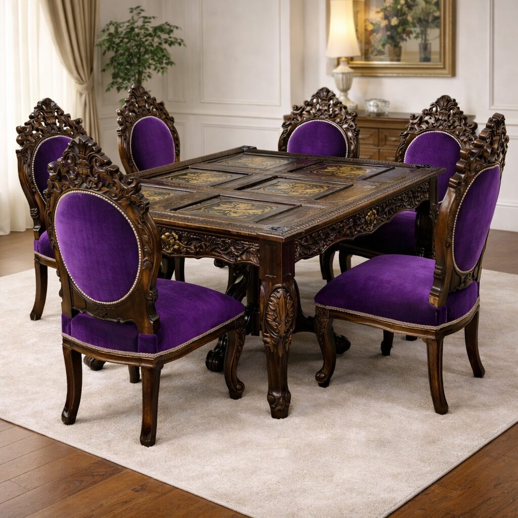 Classic Dark Finish 6-Seater Hand-Carved Dining Set in Teakwood