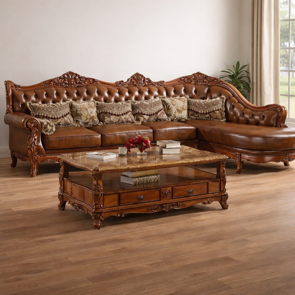 Luxury Royal L-Shape Hand-Carved Teakwood Sectional Sofa with Center Table