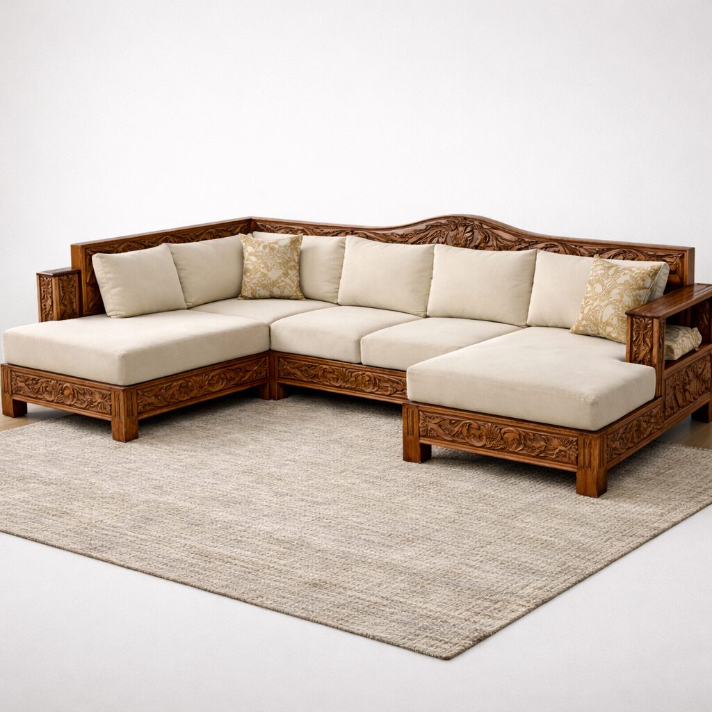 Royal Carved Solid Teakwood L-Shape Sofa