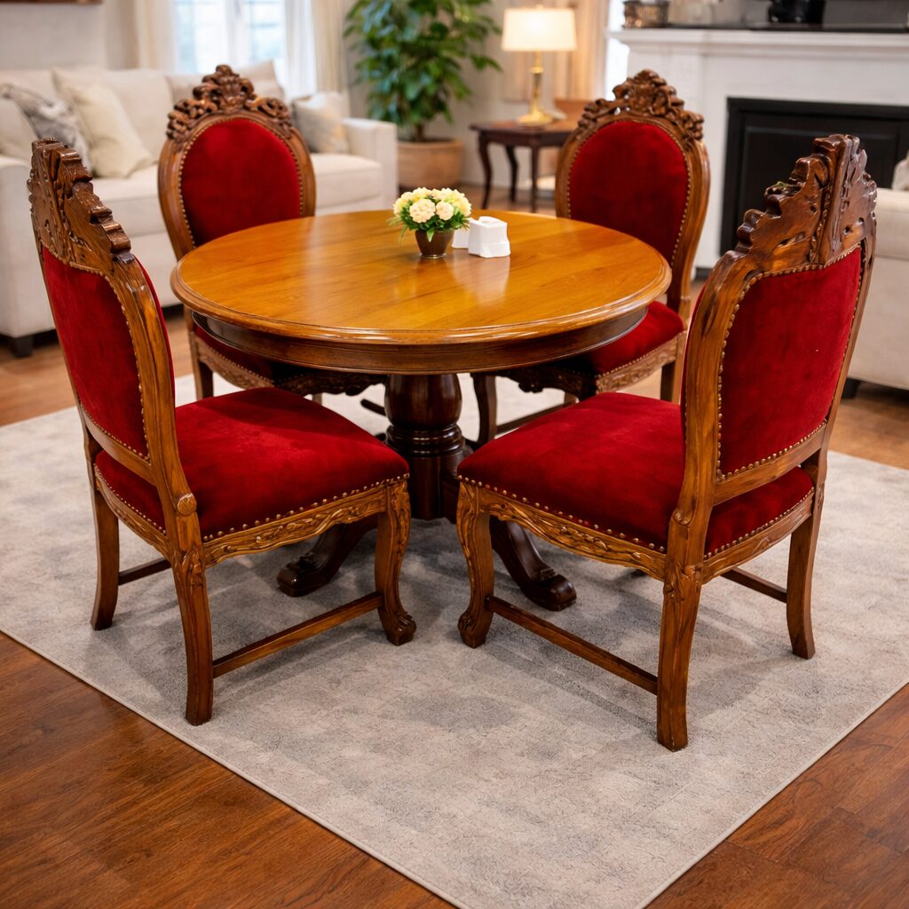Classic Round Pedestal 4-Seater Dining Set in Teakwood