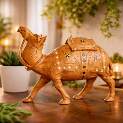 Decorative Teakwood Camel Showpiece with Hand-Embellished Saddle Design