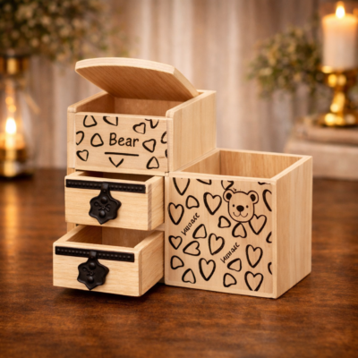 Bear Theme MDF Storage Box Set with Dual Drawers and Hinged Lid