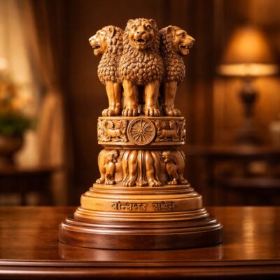 Solid Teak Wood Hand Carved Ashoka Lion Capital Sculpture