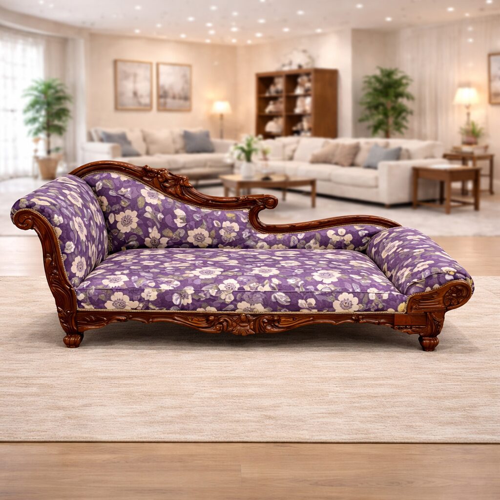 Royal Maharaja Teakwood Chaise Lounge with Hand-Carved Frame & Premium Upholstery