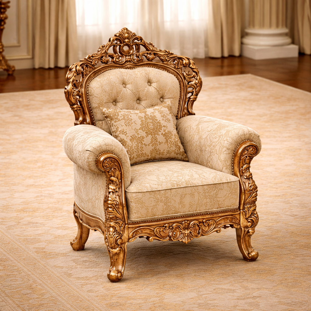 Royal Heritage Hand-Carved Teakwood Sofa Set with Center Table