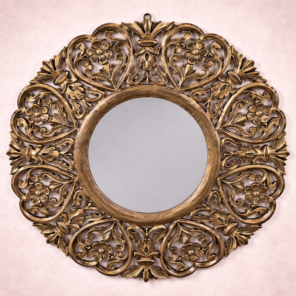 Decorative Round MDF Wall Mirror with Ornate Floral Cutwork Frame