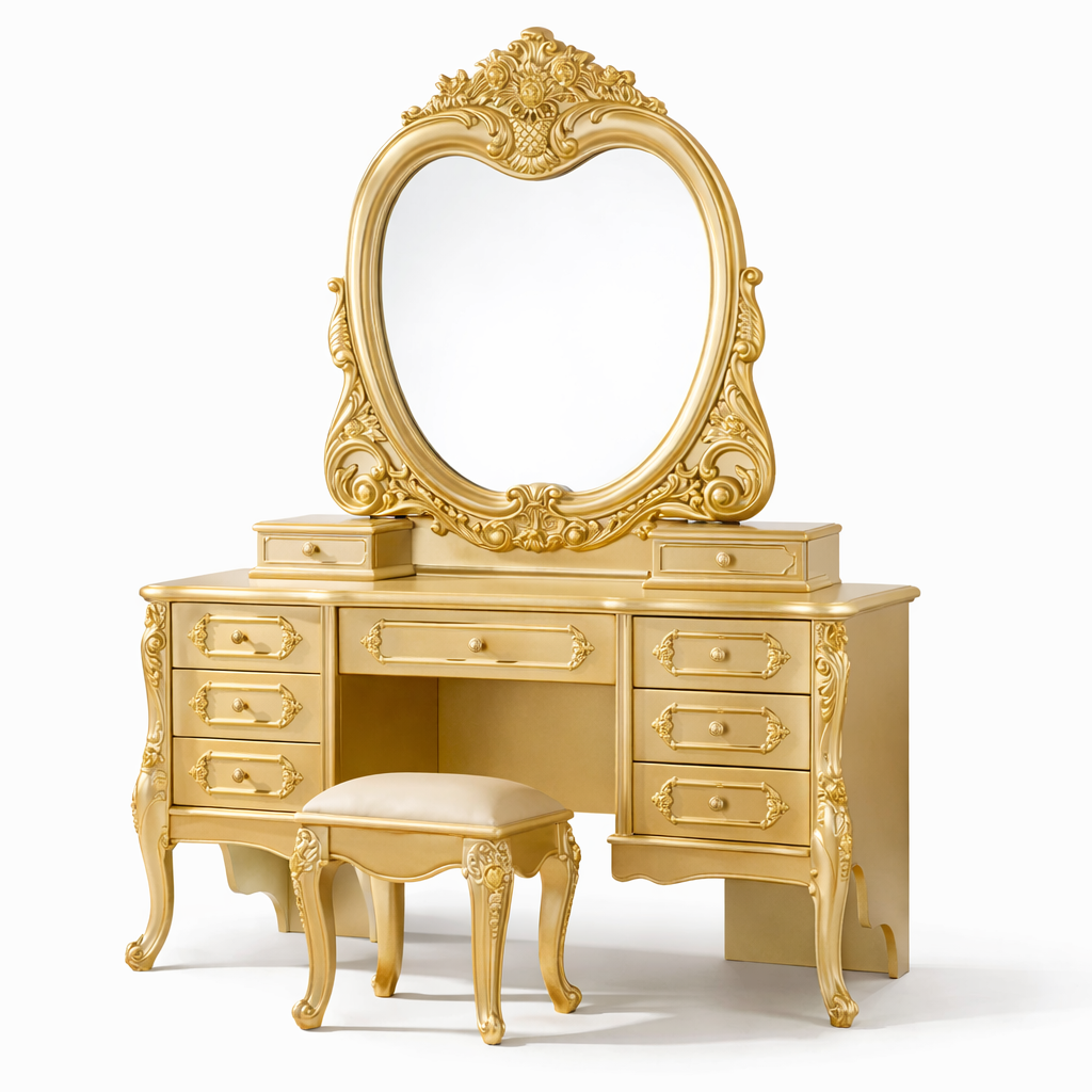 Imperial Black Maharaja Teakwood Dressing Console with Ornate Gold Oval Mirror