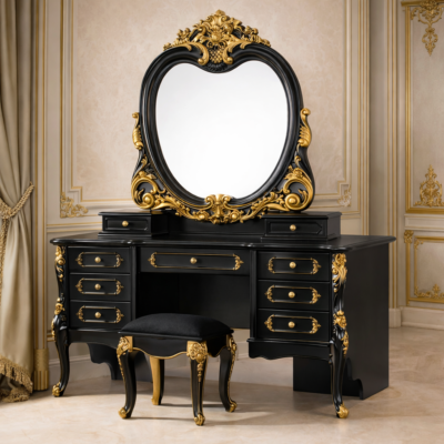 Imperial Black Maharaja Teakwood Dressing Console with Ornate Gold Oval Mirror