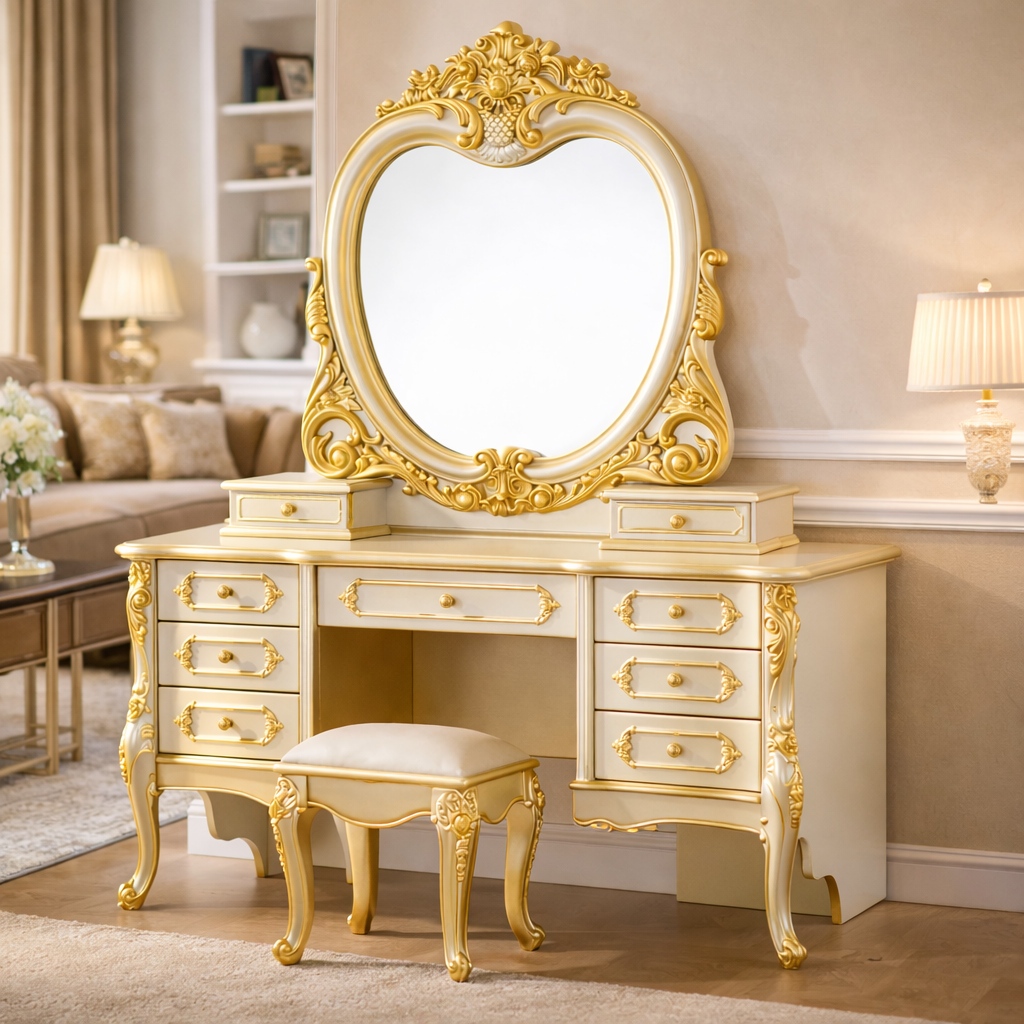 Imperial Black Maharaja Teakwood Dressing Console with Ornate Gold Oval Mirror