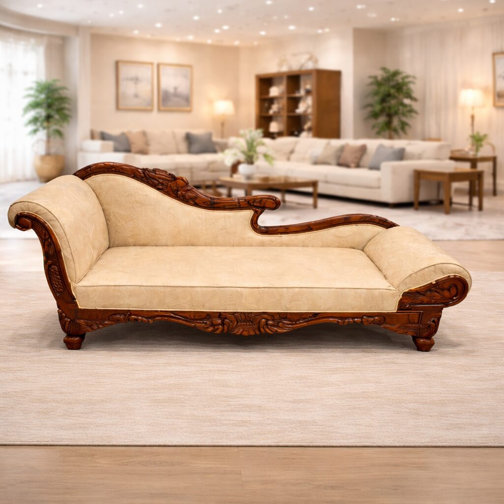 Royal Maharaja Teakwood Chaise Lounge with Hand-Carved Frame & Premium Upholstery