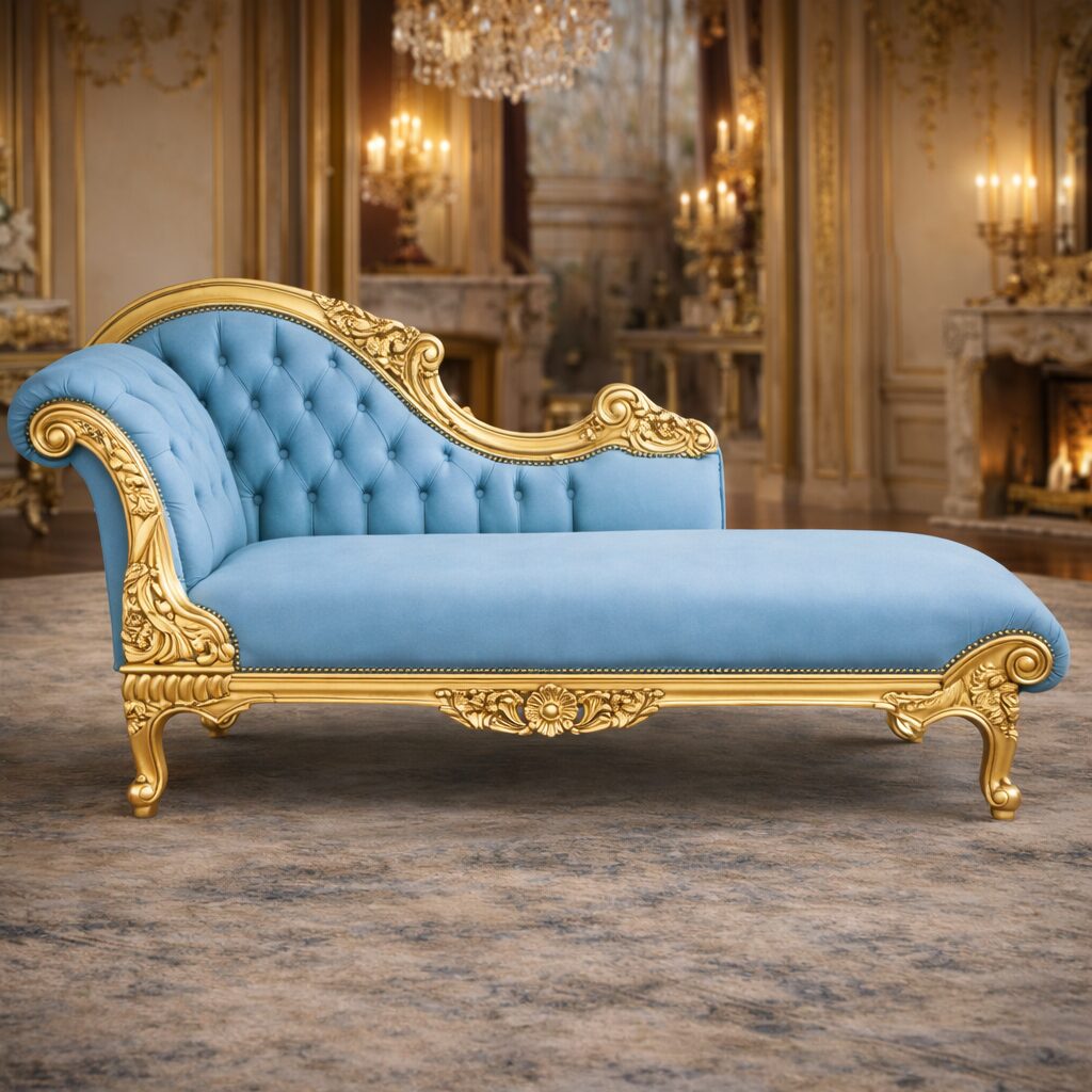 Imperial Maharaja Teakwood Chaise Lounge with Gold Carved Frame & Tufted Upholstery