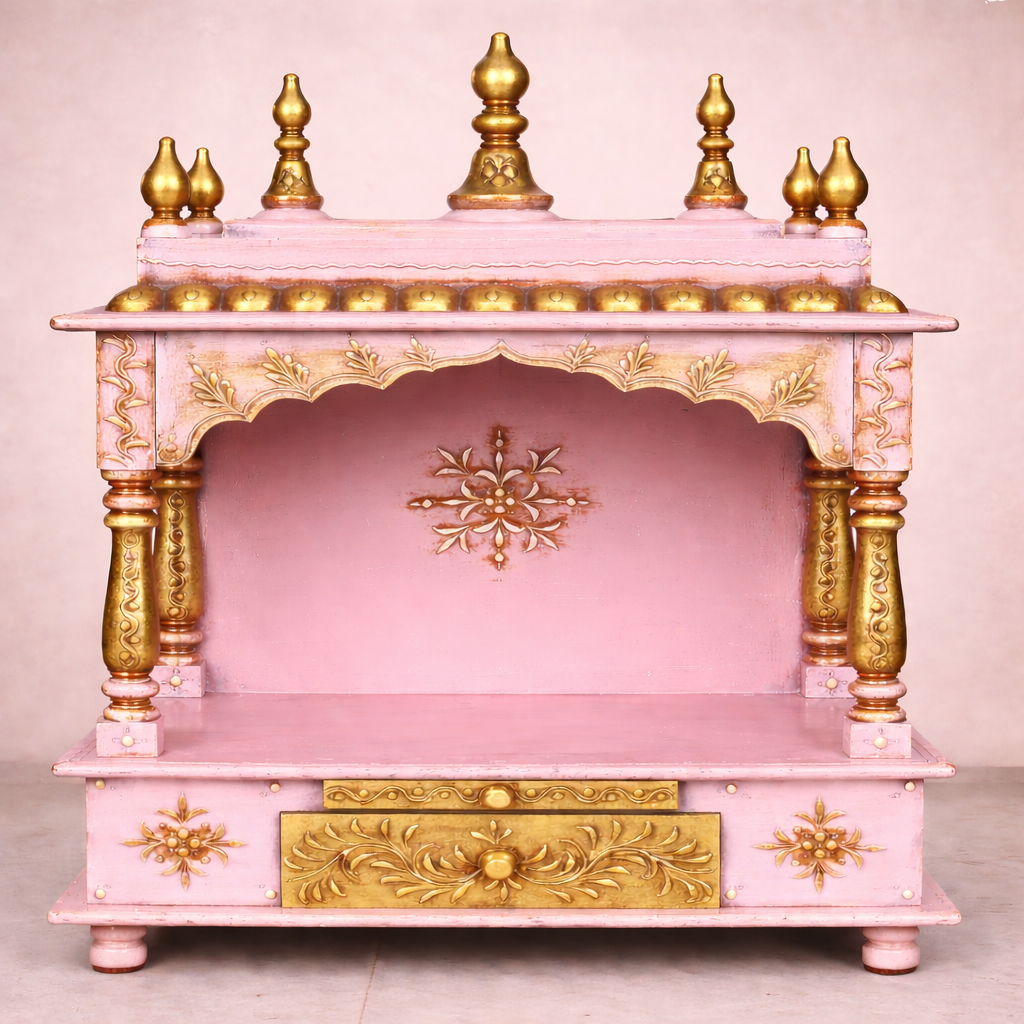 Emerald Heritage Hand-Painted Teakwood Mandir with Open Arch and Drawer Storage