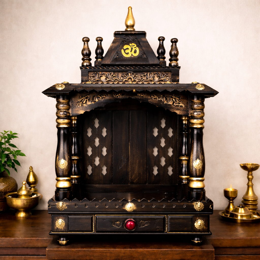 Royal Blue Temple-Style Teakwood Mandir with Ornamental Pillars and Triple Drawer Base